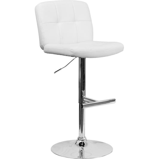 Contemporary White Vinyl Adjustable Height Barstool with Square Tufted Back and Chrome Base