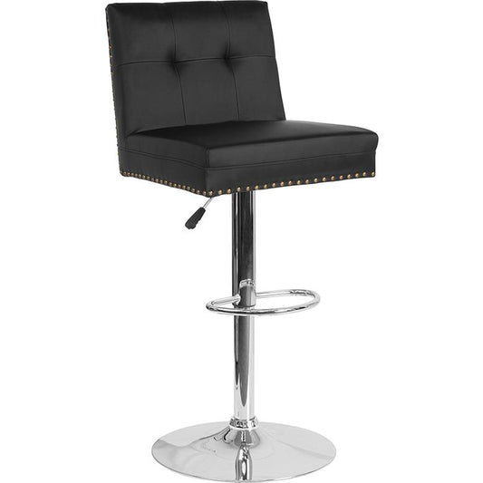 Ravello Contemporary Adjustable Height Barstool with Accent Nail Trim in Black LeatherSoft