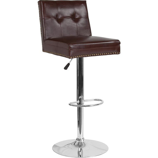 Ravello Contemporary Adjustable Height Barstool with Accent Nail Trim in Brown LeatherSoft