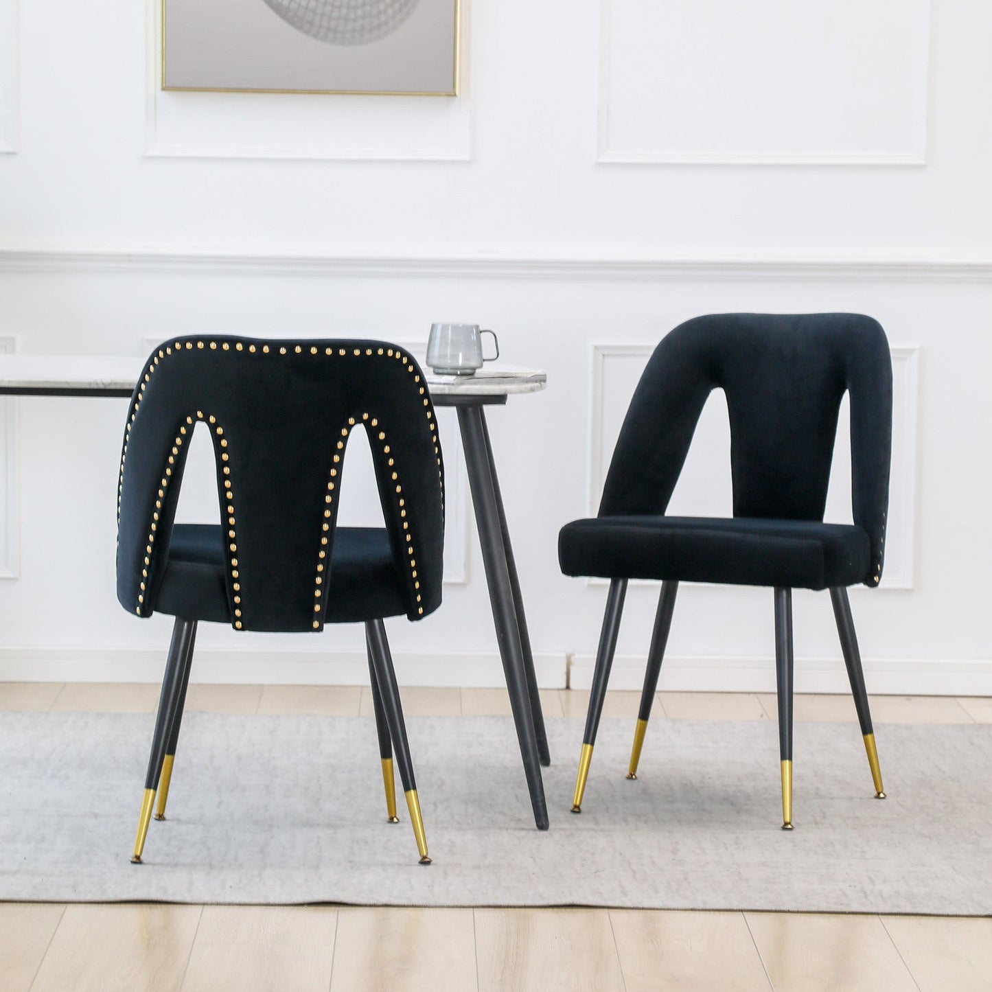 Modern | Contemporary Velvet Upholstered Dining Chair with Nailheads and Gold Tipped Black Metal Legs; Black; Set of 2