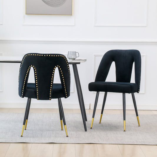 Modern | Contemporary Velvet Upholstered Dining Chair with Nailheads and Gold Tipped Black Metal Legs; Black; Set of 2