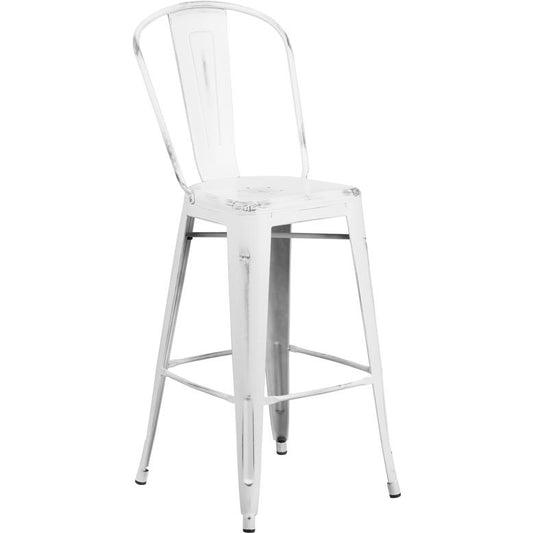 Commercial Grade 30" High Distressed White Metal Indoor-Outdoor Barstool with Back
