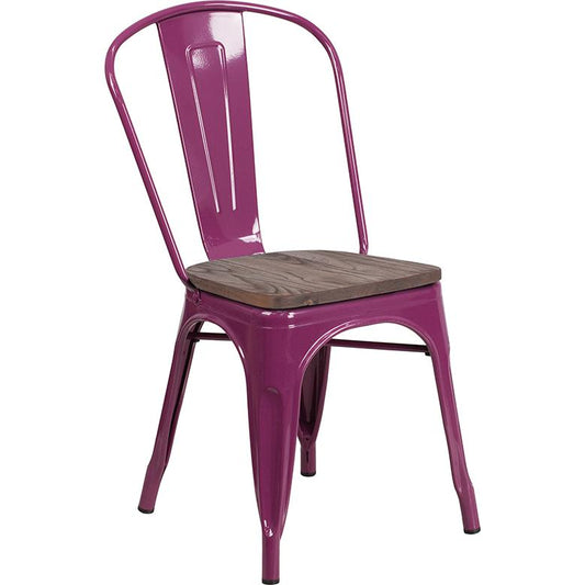 Purple Metal Stackable Chair with Wood Seat