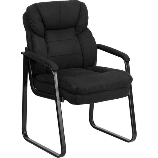 Black Microfiber Side Reception Chair with Lumbar Support and Sled Base