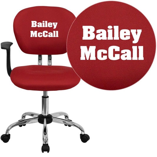 Personalized Mid-Back Red Mesh Swivel Task Office Chair with Chrome Base and Arms