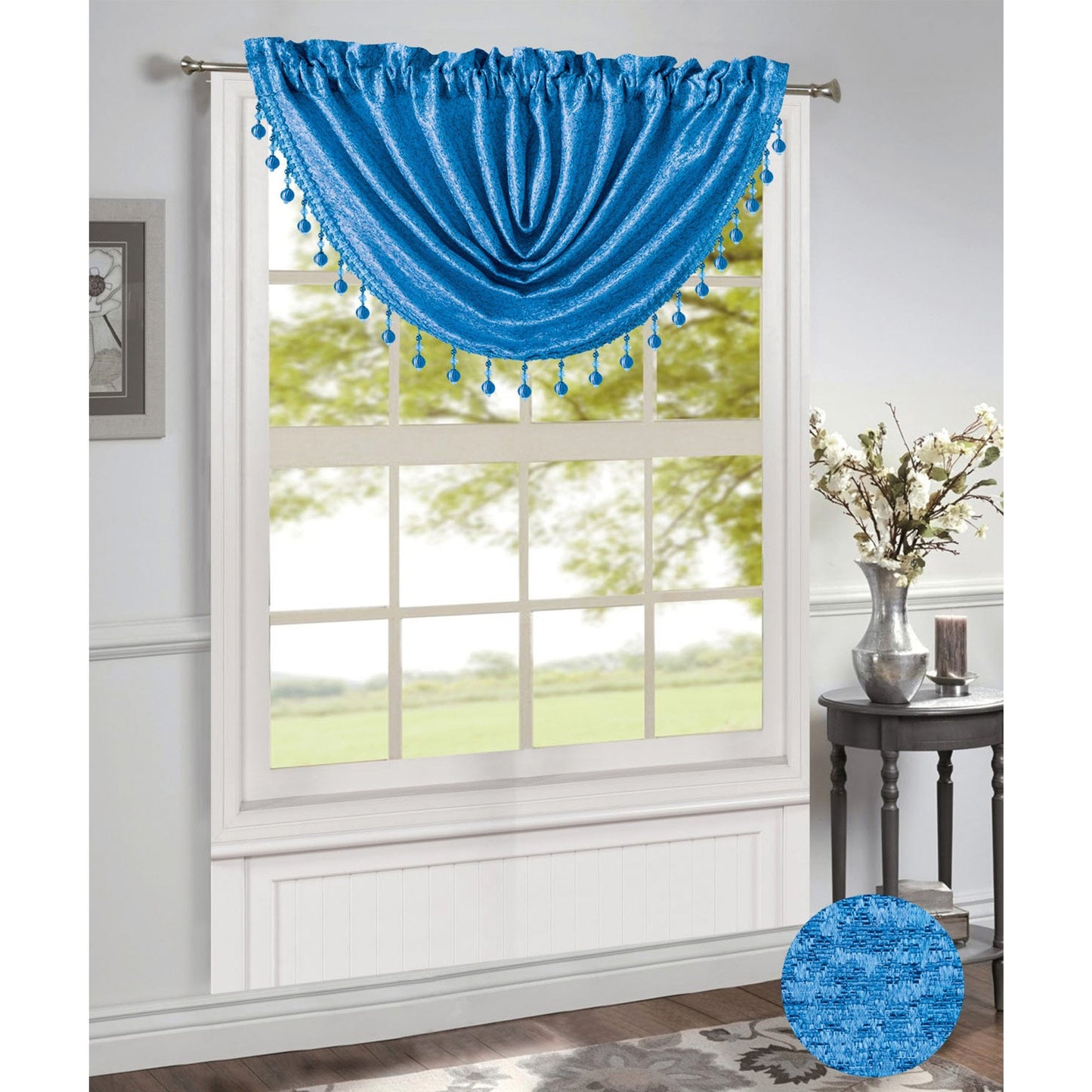 Norah Jacquard Rod Pocket Window Valance, Navy, 48x37 Inches