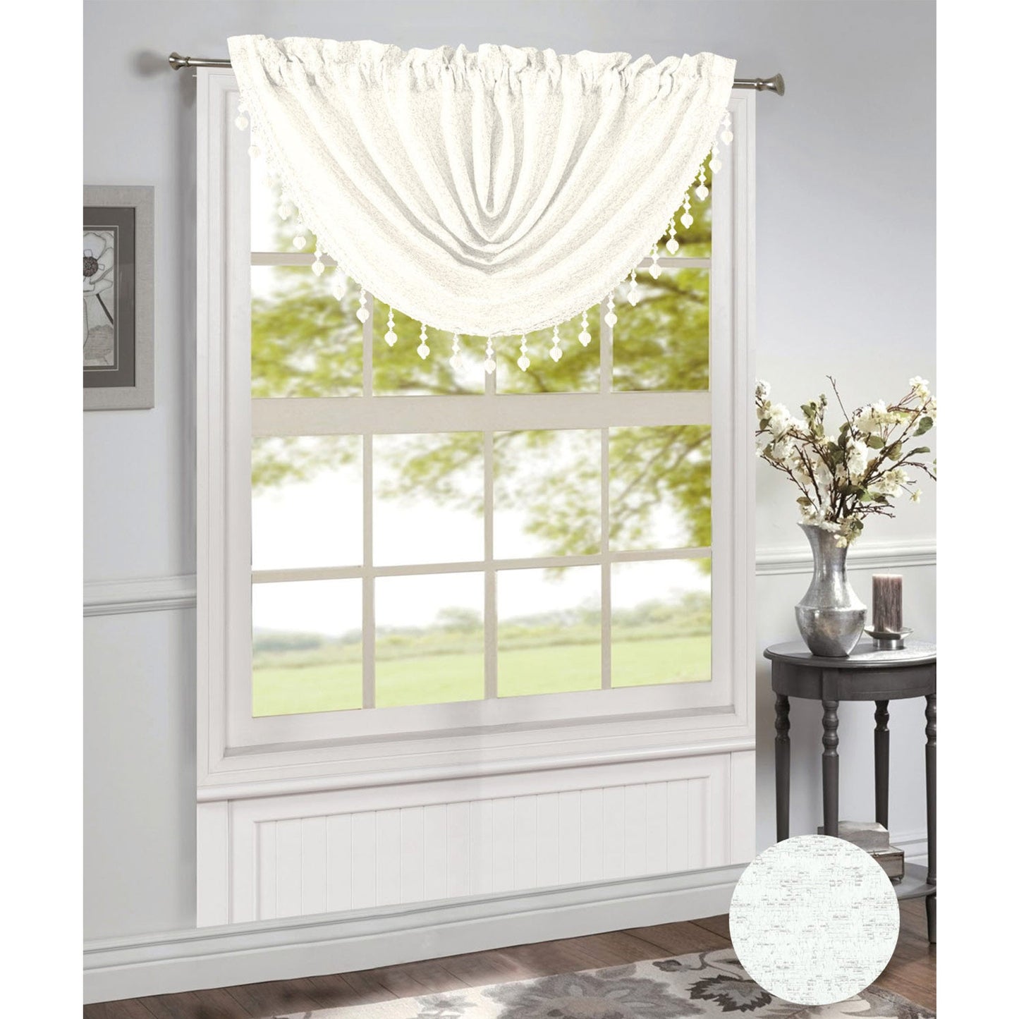 Norah Jacquard Rod Pocket Window Valance, White, 48x37 Inches