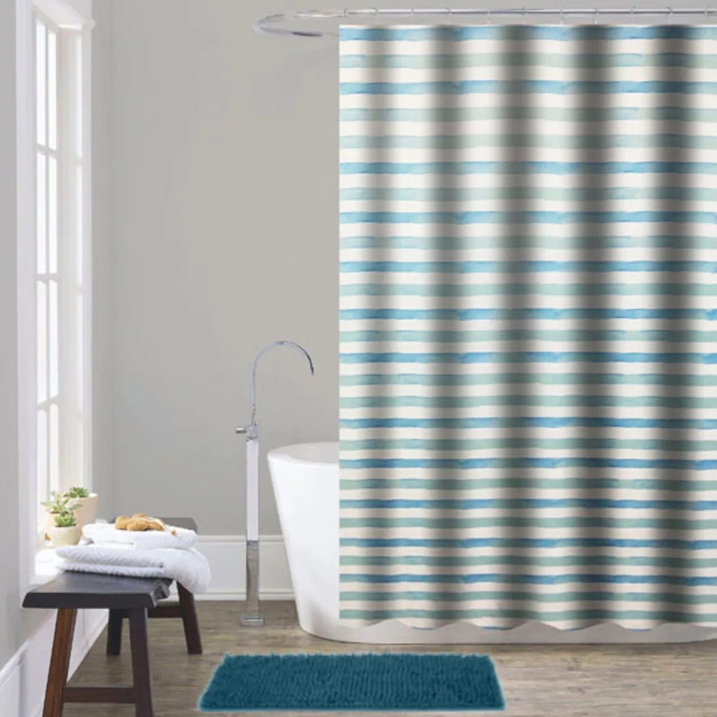 Doral 14 Piece Chenille Non-Slip Bath Rug with Shower Curtain Set, Blue