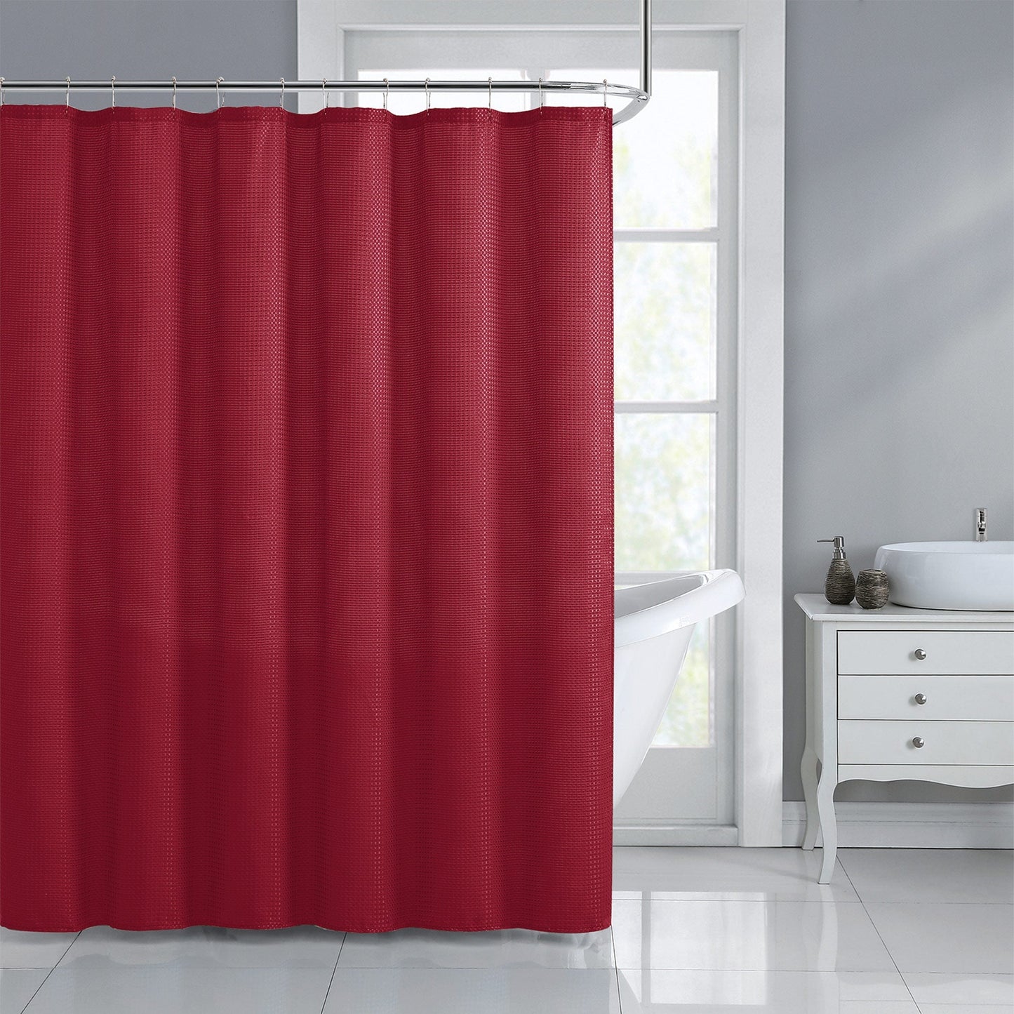 My Store 13 Piece Jacquard Dobby Shower Curtain Set with Hooks, Red, 70x72 Inches