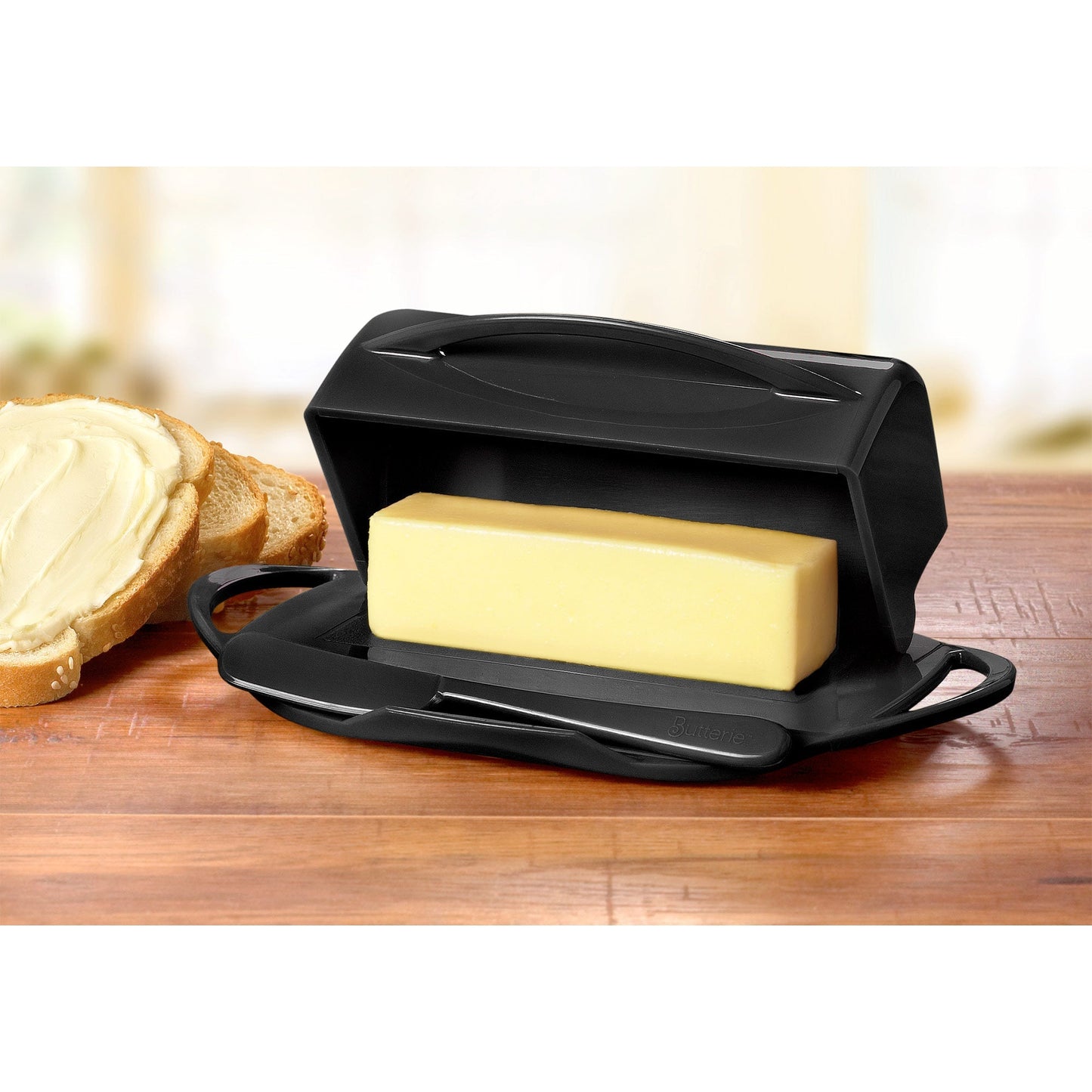 My Store Flip-Top Butter Dish With Spreader, Black, 9x5.5x3 Inches