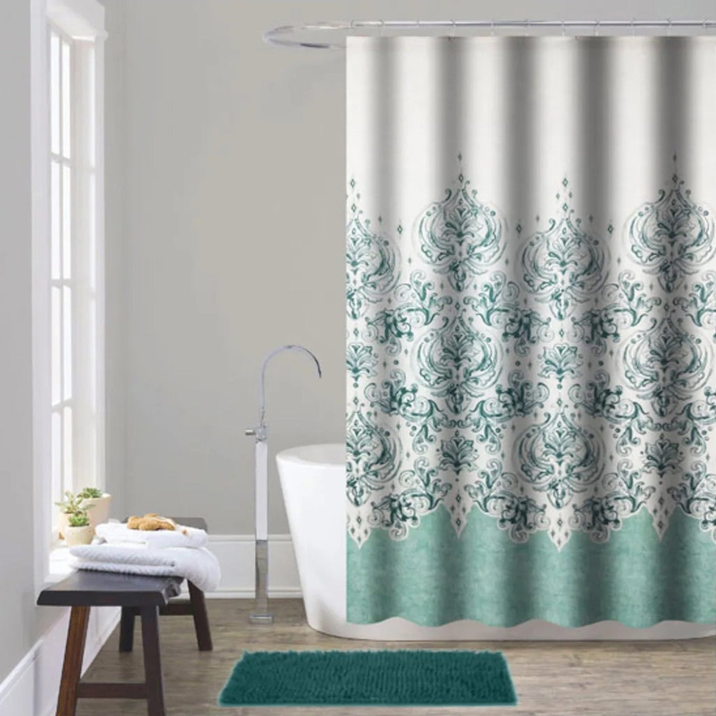 Doral 14 Piece Chenille Non-Slip Bath Rug with Shower Curtain Set, Teal