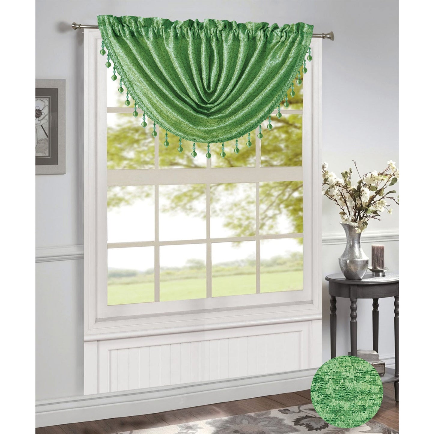 Norah Jacquard Rod Pocket Window Valance, Emerald Green, 48x37 Inches