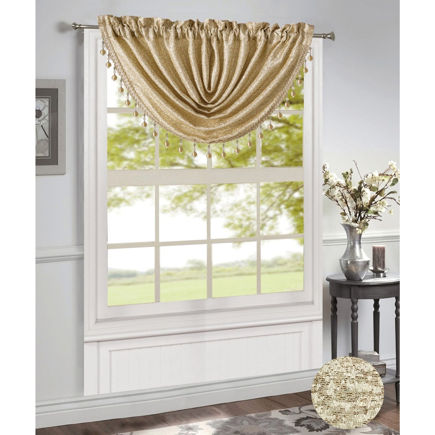 Norah Jacquard Rod Pocket Window Valance, Beige, 48x37 Inches