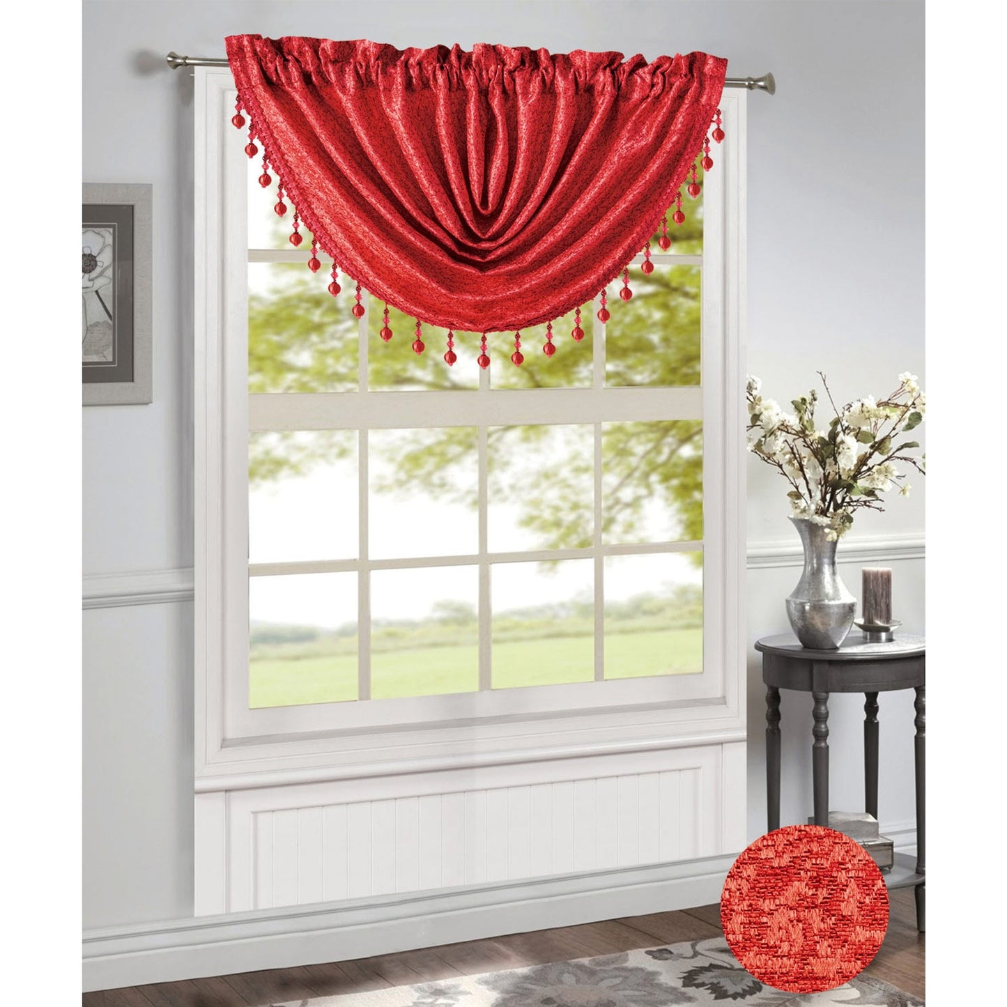 Norah Jacquard Rod Pocket Window Valance, Red, 48x37 Inches