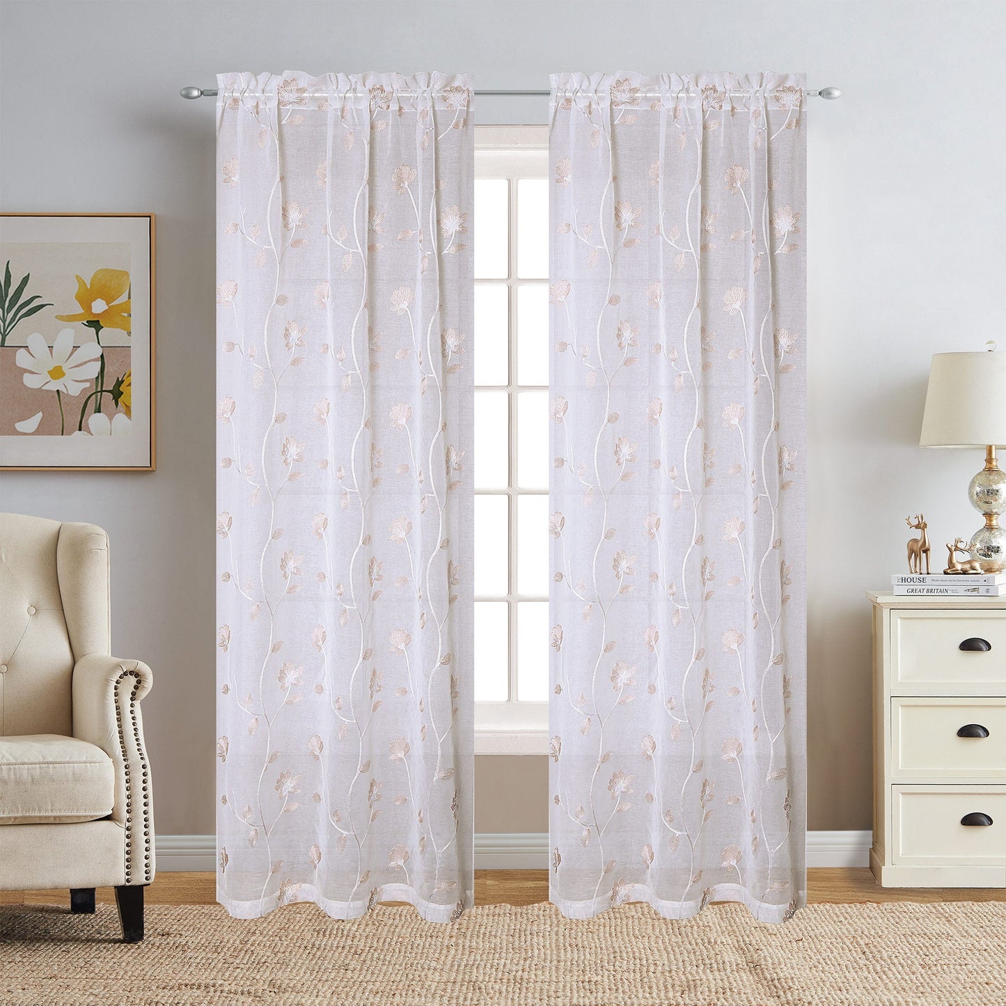 Debra 2 Piece Floral Embroidered Rod Pocket Window Panels, Blush, 38x84 Inches