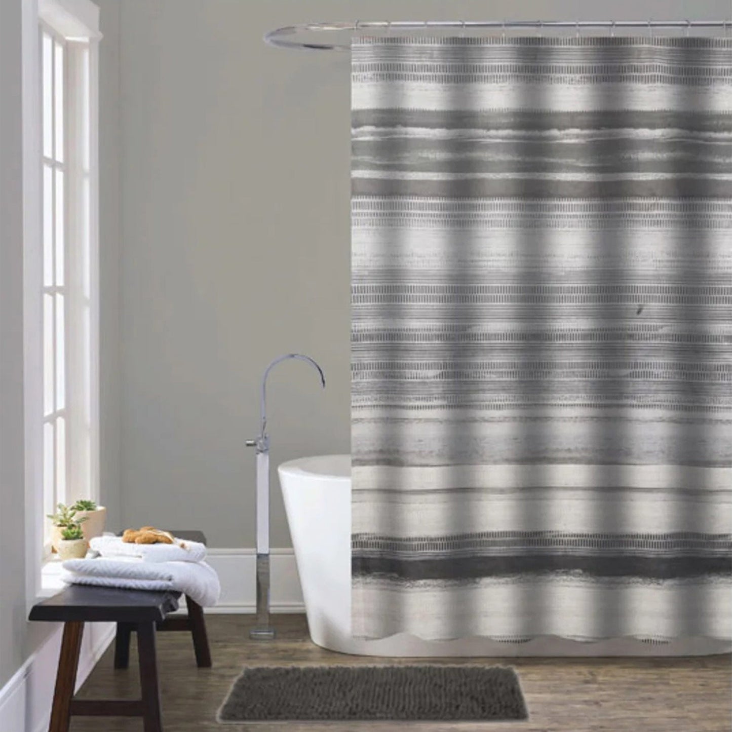 Doral 14 Piece Chenille Non-Slip Bath Rug with Shower Curtain Set, Grey