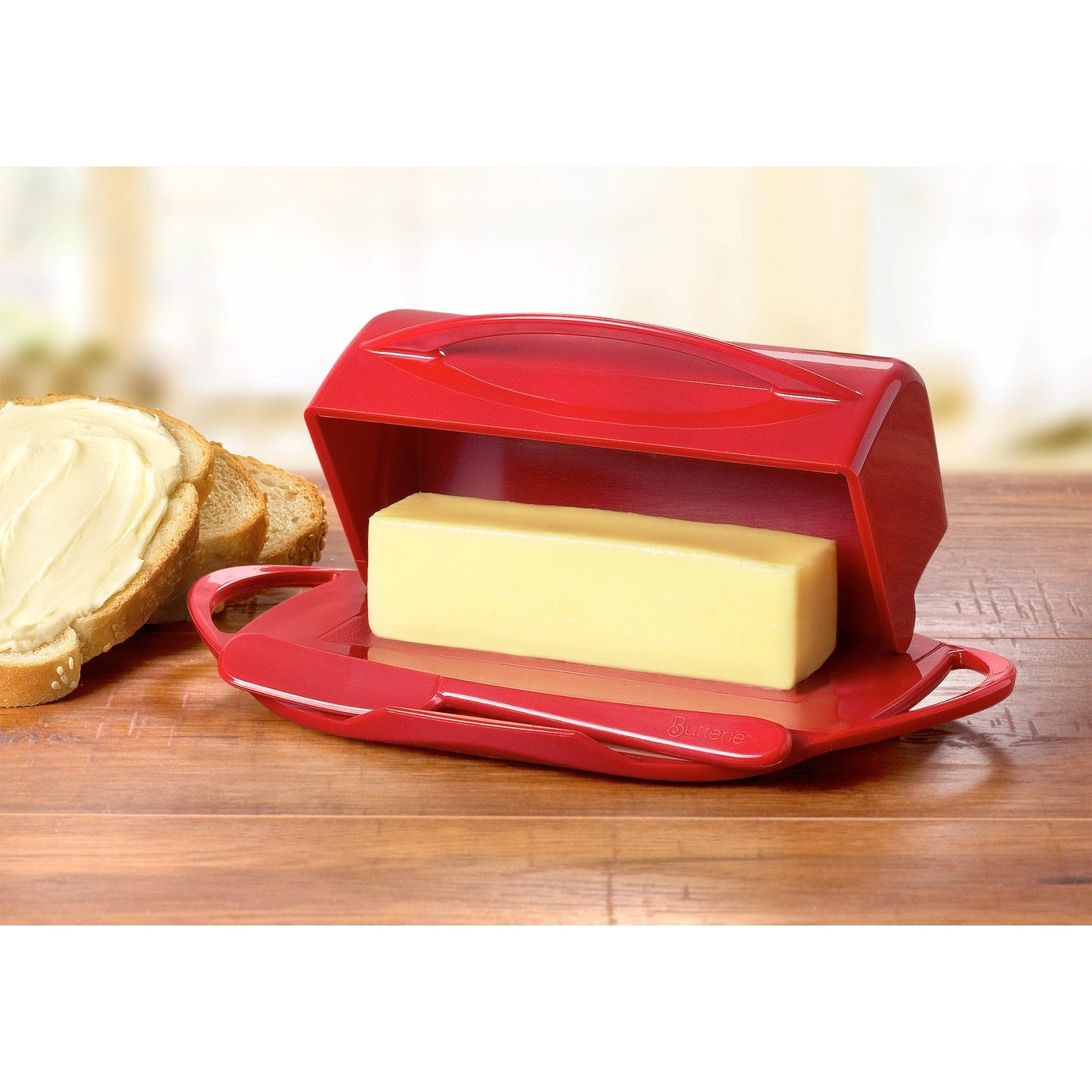 My Store Flip-Top Butter Dish With Spreader, Red, 9x5.5x3 Inches
