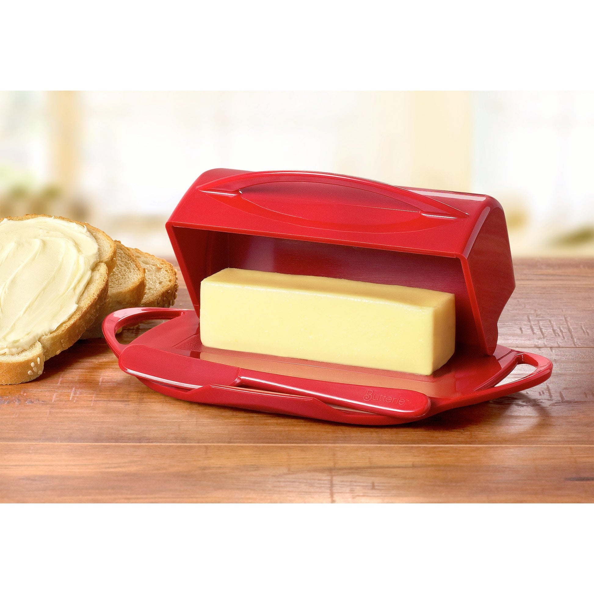 My Store Flip-Top Butter Dish With Spreader, Red, 9x5.5x3 Inches