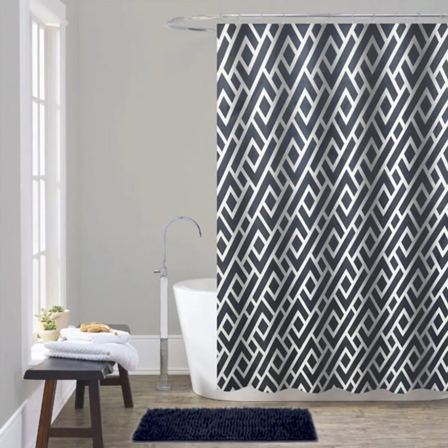 Doral 14 Piece Chenille Non-Slip Bath Rug with Shower Curtain Set, Navy