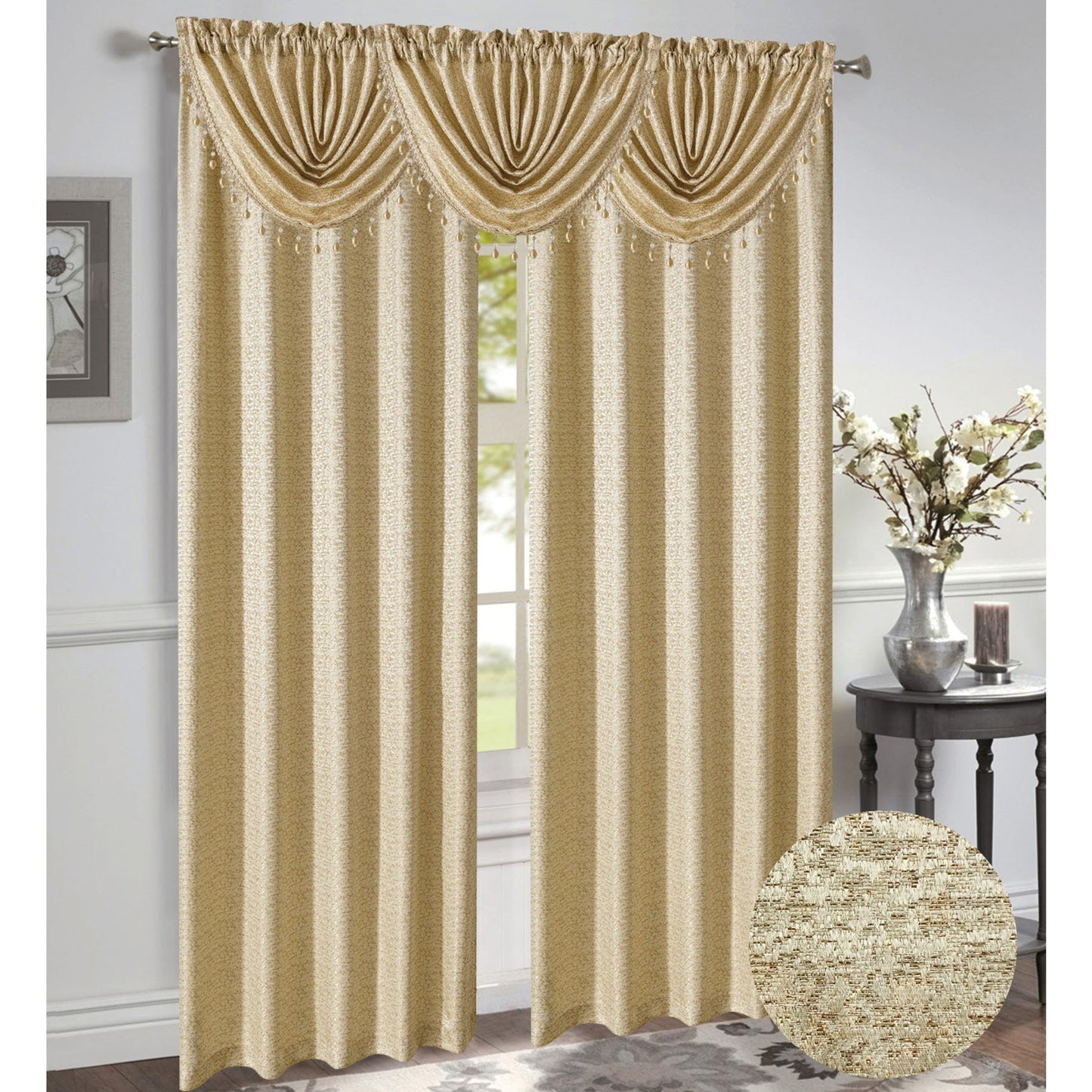 Norah Jacquard Rod Pocket Window Panel, Beige, 54x84 Inches