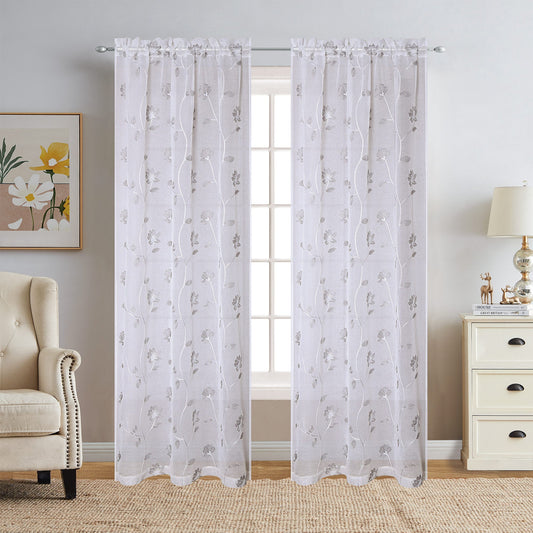 Debra 2 Piece Floral Embroidered Rod Pocket Window Panels, Silver, 38x84 Inches