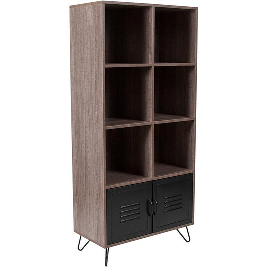 Woodridge Collection 59.25"H 6 Cube Storage Organizer Bookcase with Metal Cabinet Doors and Metal Legs in Rustic Wood Grain Finish