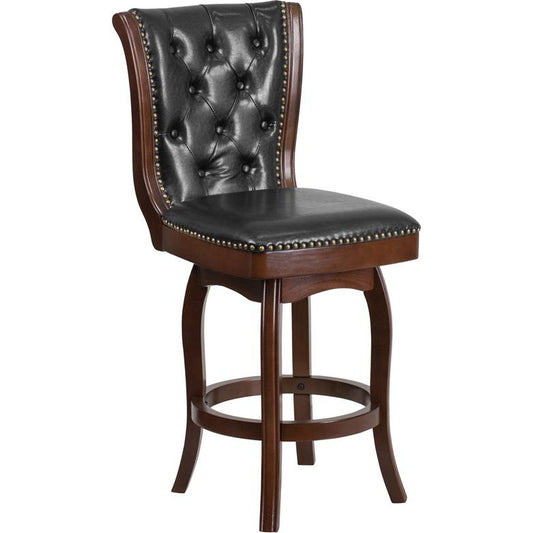 26'' High Cappuccino Wood Counter Height Stool with Button Tufted Back and Black LeatherSoft Swivel Seat