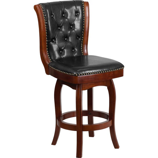 26'' High Cherry Wood Counter Height Stool with Button Tufted Back and Black LeatherSoft Swivel Seat