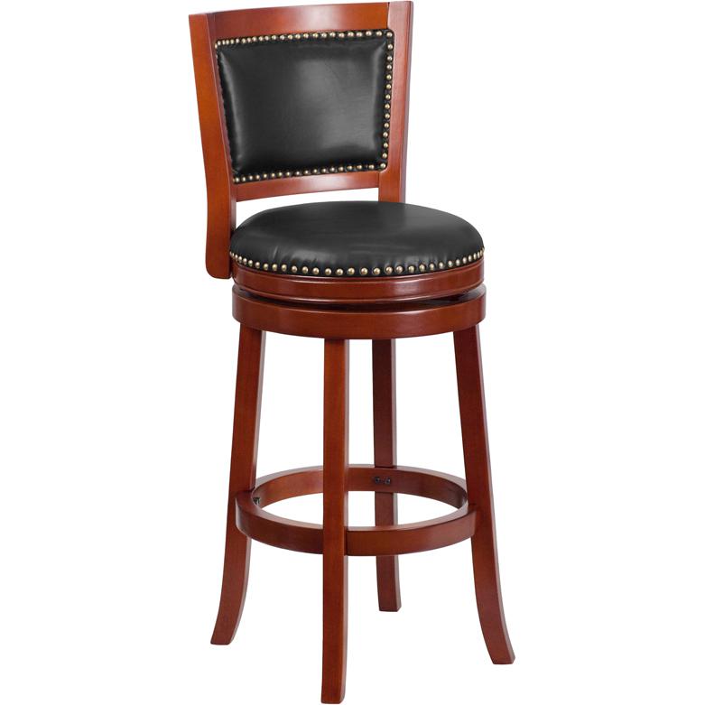 30'' High Dark Cherry Wood Barstool with Open Panel Back and Walnut LeatherSoft Swivel Seat
