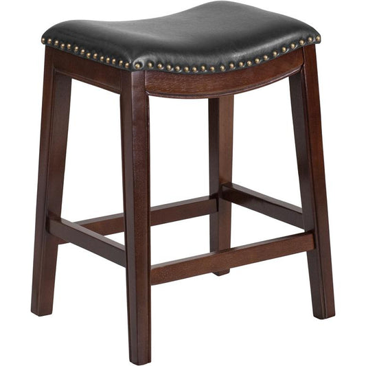 26'' High Backless Cappuccino Wood Counter Height Stool with Black LeatherSoft Saddle Seat