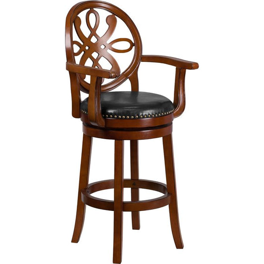 30'' High Brandy Wood Barstool with Arms, Carved Back and Black LeatherSoft Swivel Seat